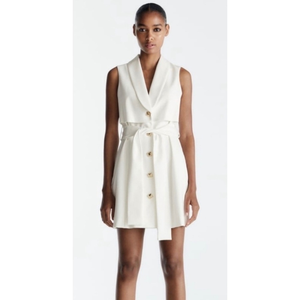 Zara Womens White Sleeveless Tuxedo Blazer Mini Dress Gold Buttons Size Small